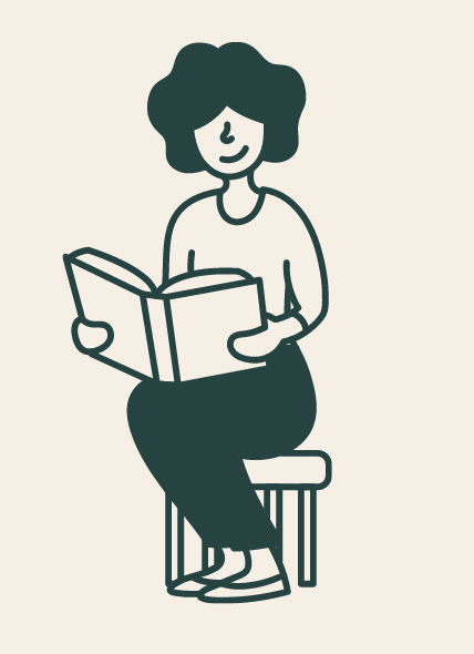 an illustration of an educator sitting on a stool reading