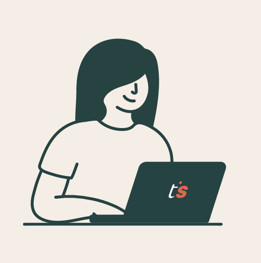 illustration of woman sitting at a laptop with the think small logo on the back