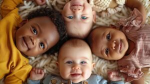 AI Generative; five babies of different ethnicities lying down together.