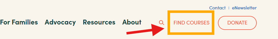 Image of Think Small Website navigation that circles FIND COURSE with an arrow pointing to it